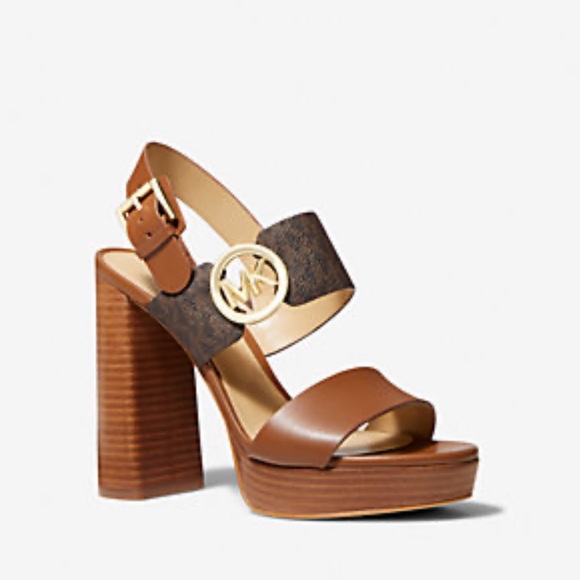 Michael kors women signature platform high heels sandal brand new brown and tan
